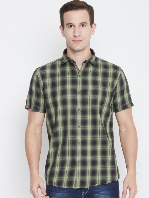 

METTLE Men Olive Green & Navy Blue Regular Fit Checked Casual Shirt