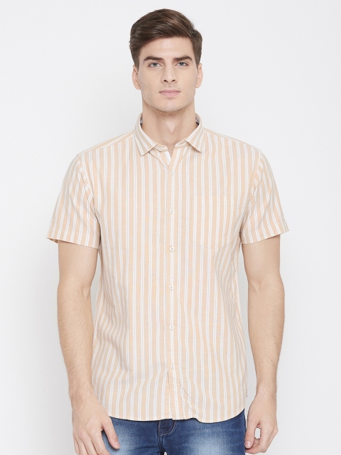

METTLE Men Beige & White Regular Fit Striped Casual Shirt