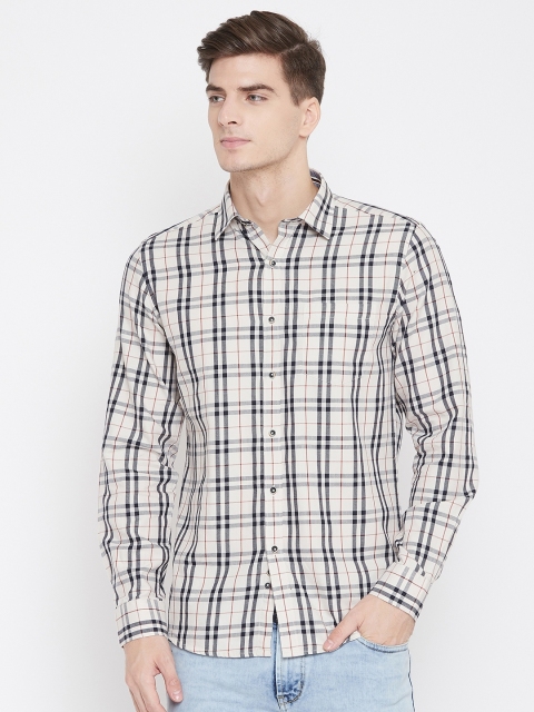 

METTLE Men Off-White & Navy Blue Regular Fit Tartan Check Casual Shirt