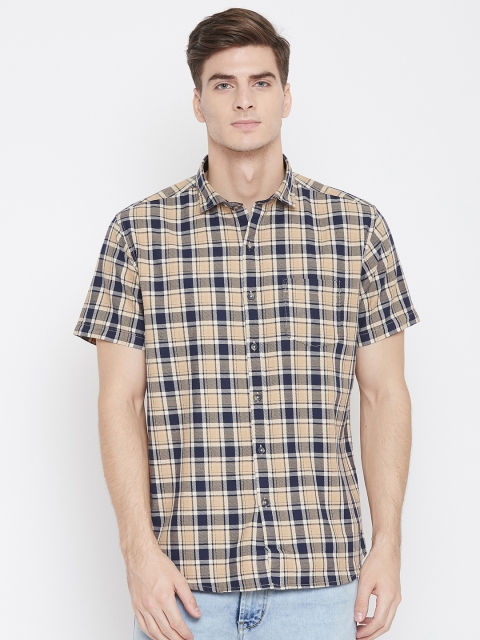 

METTLE Men Beige & Navy Blue Regular Fit Tartan Check Casual Shirt
