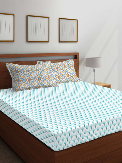 

Boutique Living India Blue & White 144 TC Cotton 1 King Bedsheet with 2 Pillow Covers