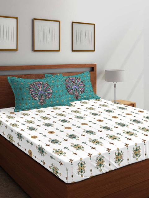 

Boutique Living India White & Teal Blue 210 TC Cotton 1 King Bedsheet with 2 Pillow Covers