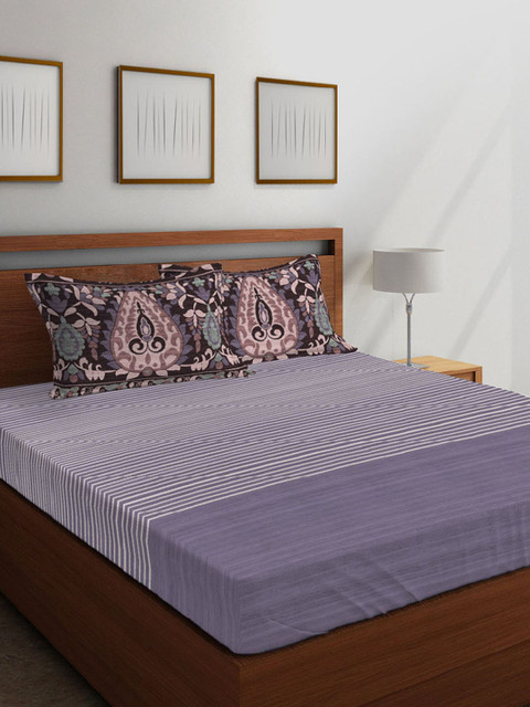 

Boutique Living India Aubergine Striped 210 TC Cotton 1 King Bedsheet with 2 Pillow Covers, Purple