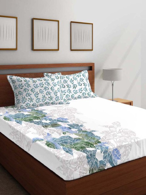 

Boutique Living India White & Blue Leaf Print 144 TC Cotton Queen Bedsheet & Pillow Covers