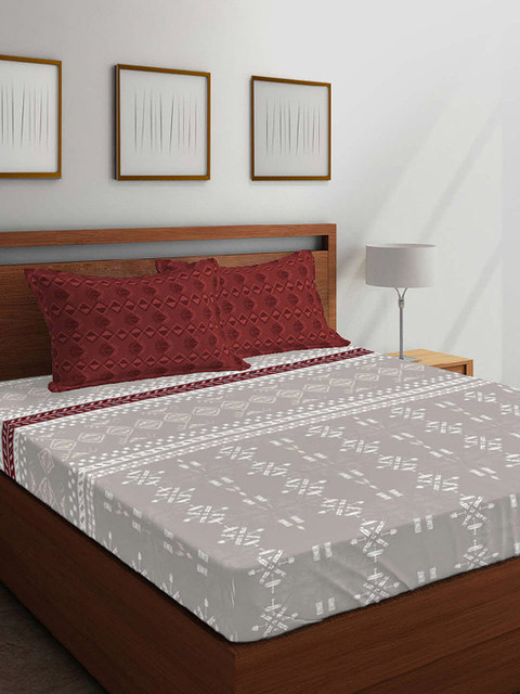 

Boutique Living India Grey & White Ethnic Motifs 144 TC Cotton 1 King Bedsheet with 2 Pillow Covers