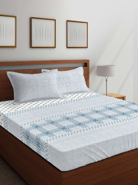 

Boutique Living India Blue & White Geometric 210 TC Cotton 1 King Bedsheet with 2 Pillow Covers