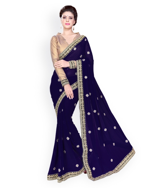 

Mirchi Fashion Navy Embroidered Georgette Embellished Saree, Navy blue