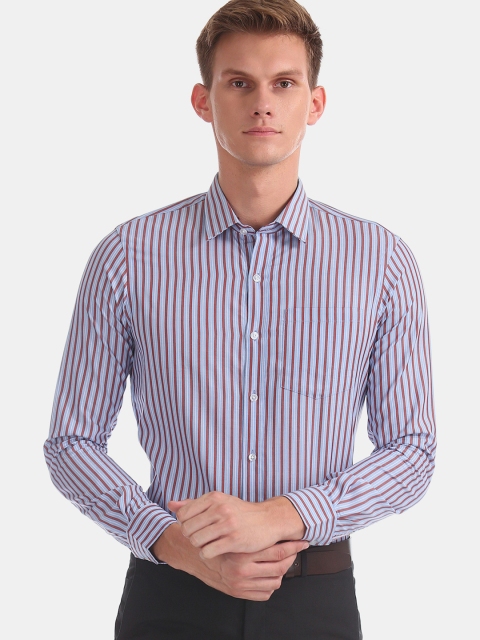 

Arrow Men Blue & Rust Red Slim Fit Striped Formal Shirt