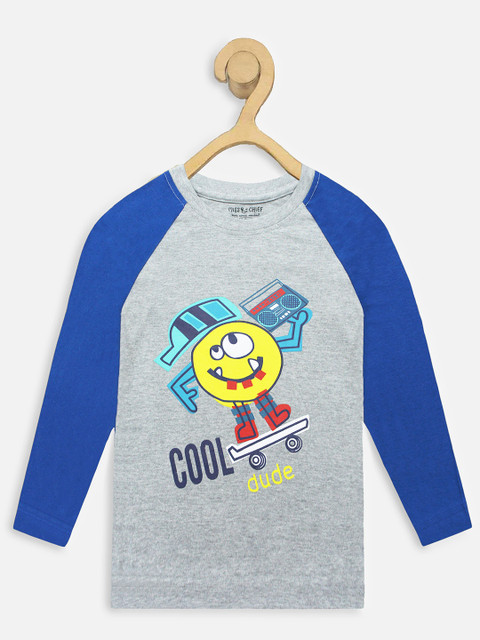 

Miss & Chief Boys Grey Melange & Blue Printed Round Neck T-shirt