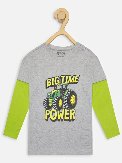 

Miss & Chief Boys Grey Melange & Green Printed Round Neck T-shirt