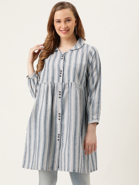 

MERAKI Women's Navy Blue & White Striped Mandarin Collar Sustainable Tunic