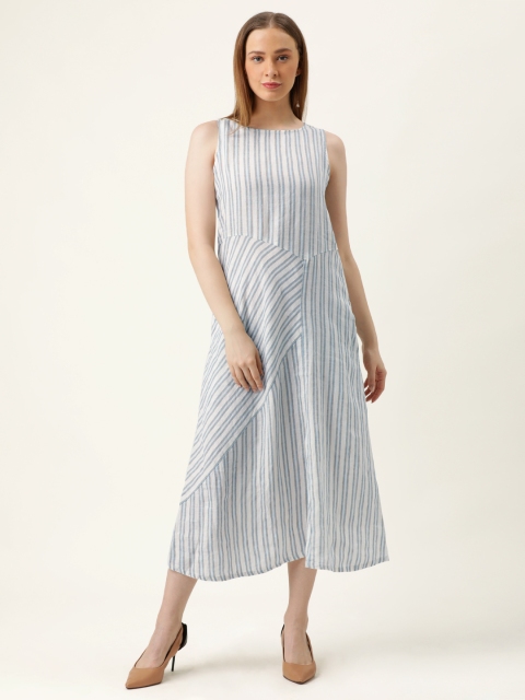 

MERAKI Women Off-White & Beige Striped A-Line Linen Sustainable Dress