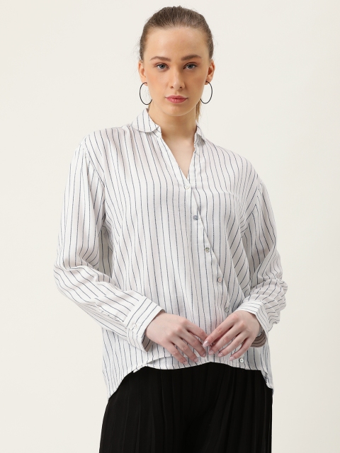 

MERAKI Women White & Navy Blue Striped Shirt Style Sustainable Top