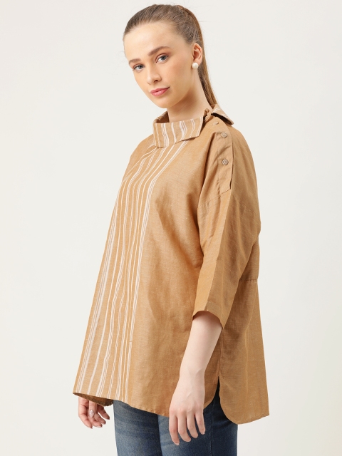 

MERAKI Women Beige & White Striped Boxy Linen Sustainable Top