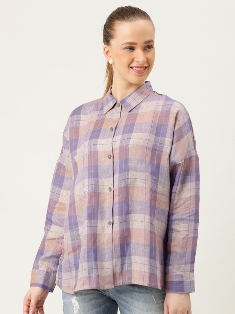 

MERAKI Women Purple & Beige Boxy Checked Casual Linen Sustainable Shirt