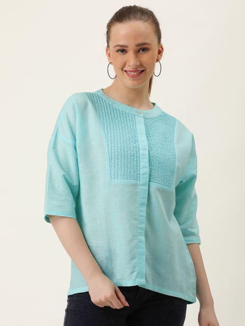 

MERAKI Women Turquoise Blue Solid Linen Sustainable Top with Thread Work