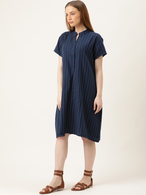 

MERAKI Women Navy Blue Striped A-Line Sustainable Dress
