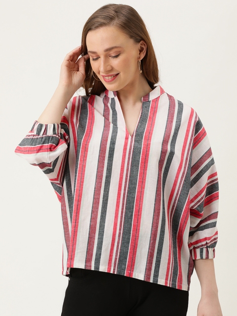 

MERAKI Women Red & Off-White Striped Regular Sustainable Top with Extended Sleeve