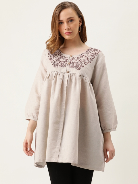 

MERAKI Women's Beige & Brown Solid Sustainable Tunic with Embroidery Detail