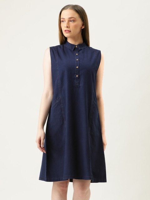 

MERAKI Women Navy Blue Solid Chambray A-Line Sustainable Dress
