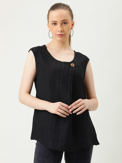 

MERAKI Women Black Solid Pleated Linen Sustainable Top