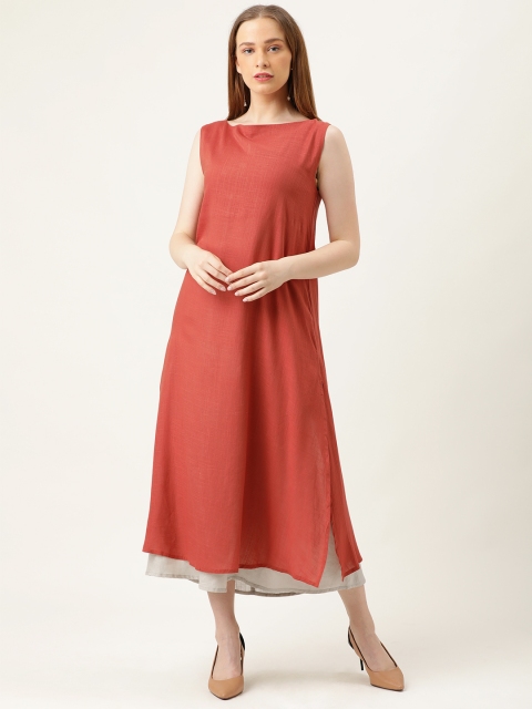 MERAKI Women Rust Red Solid A-Line Sustainable Dress