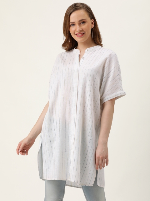 

MERAKI Women's White & Blue Striped Mandarin Collar Sustainable Tunic