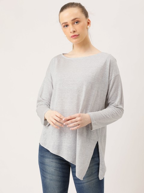 

MERAKI Women Grey Solid Boxy Linen Sustainable Top
