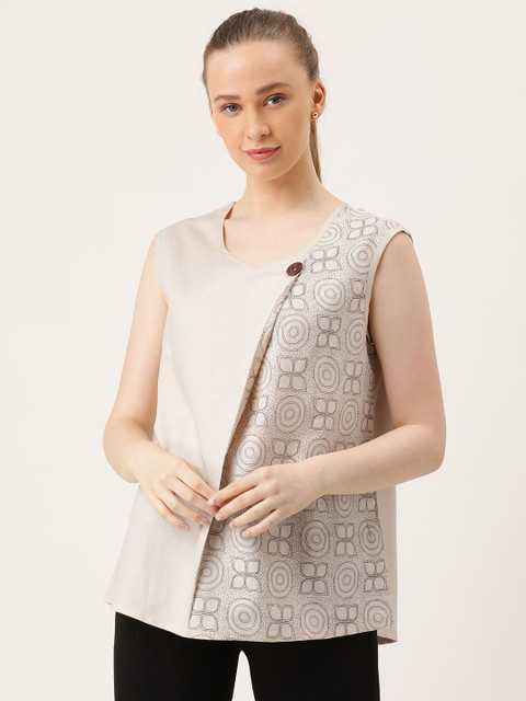 

MERAKI Women Beige Printed Pleated Linen Sustainable Top