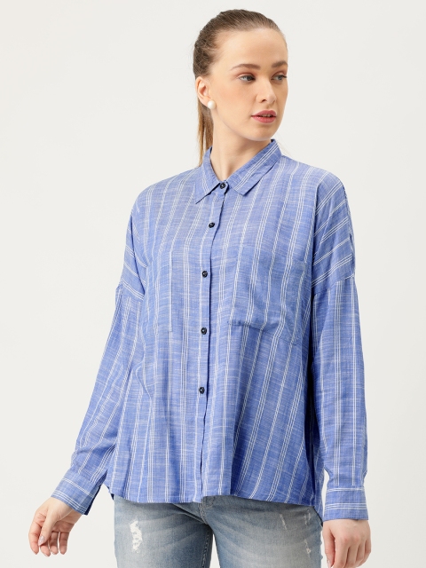 

MERAKI Women Blue & White Boxy Striped Casual Sustainable Shirt