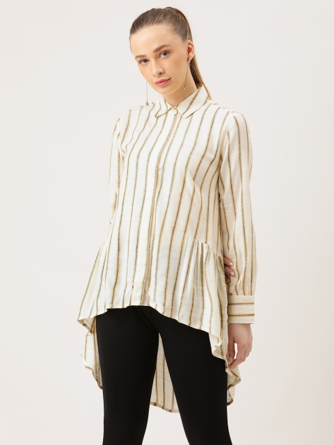 

MERAKI Women Off-White & Grey Regular Fit Striped Casual Longline Sustainable Shirt