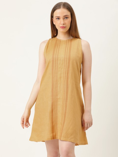 

MERAKI Women Mustard Yellow Striped A-Line Linen Sustainable Dress