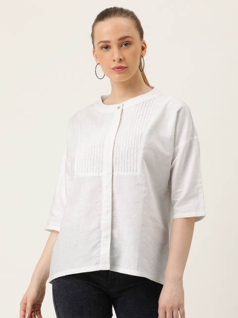 

MERAKI Women White Solid Linen Sustainable Top with Thread Work