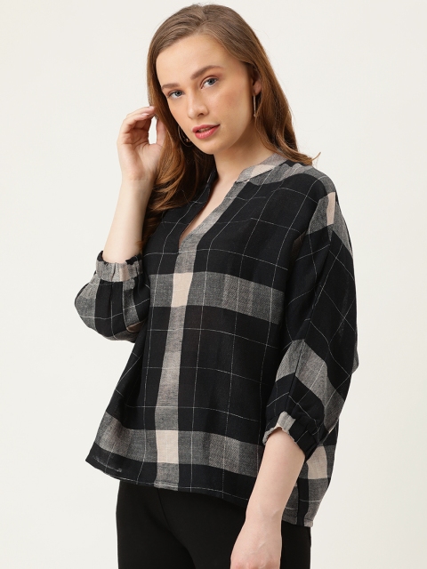 

MERAKI Women Black & Grey Checked Regular Sustainable Top with Extended Sleeve