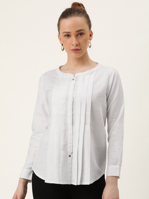 

MERAKI Women White Solid Linen Sustainable Top with Pleats