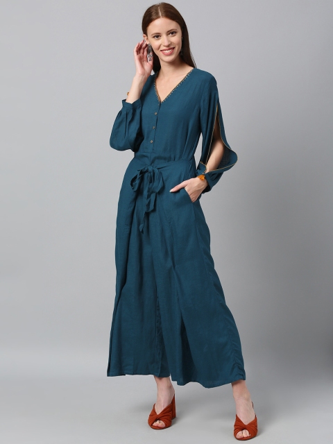 

Global Desi Women Teal Blue Solid Basic Jumpsuit