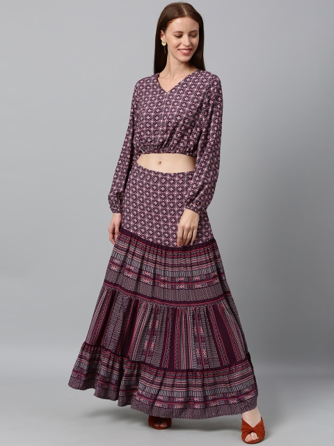 

Global Desi Women Purple & White Printed Top with Skirt