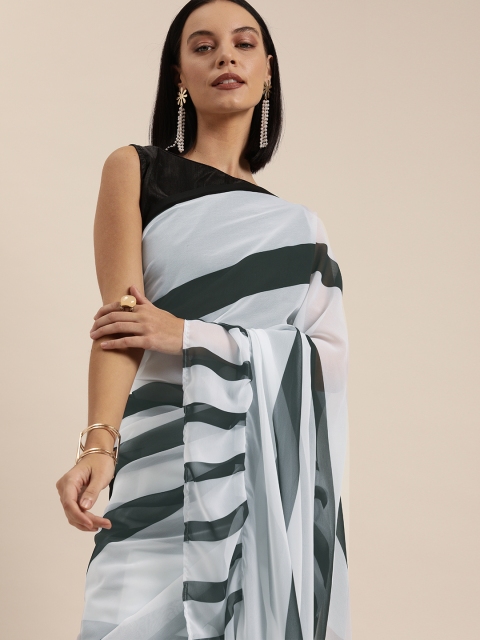 

SHAVYA White & Black Pure Georgette Striped Saree