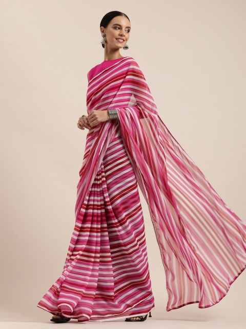 

SHAVYA Pink & White Pure Georgette Striped Celebrity Saree