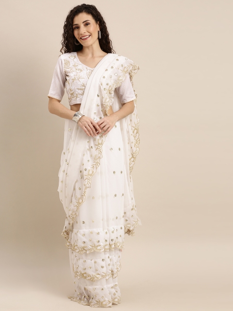 

SHAVYA White & Gold-Toned Pure Georgette Embroidered Ruffled Saree