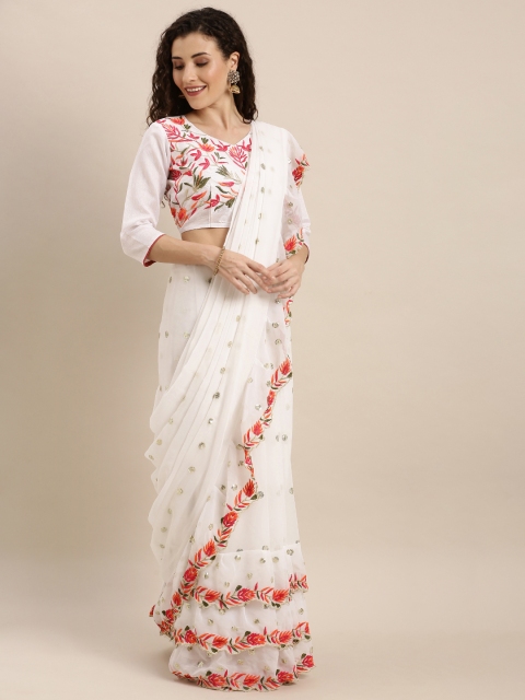

SHAVYA White Embroidered Ruffled Saree