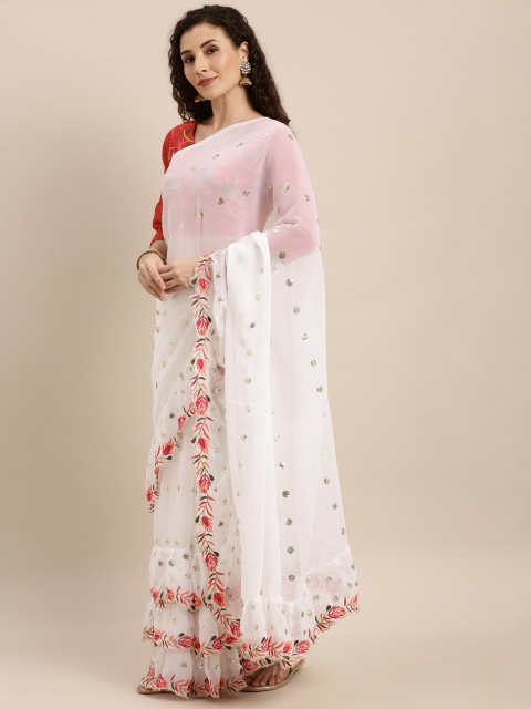 

SHAVYA White & Red Pure Georgette Embroidered Ruffled Saree