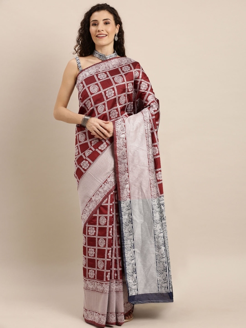 

SHAVYA Maroon & Navy Blue Pure Silk Checked Patola Saree