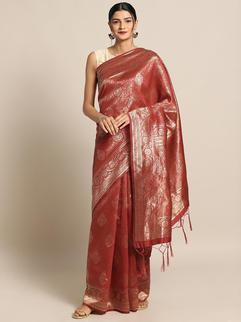 

Mitera Red & Gold-Toned Silk Blend Woven Design Banarasi Saree