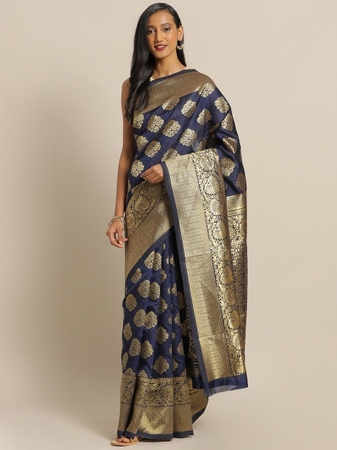

Mitera Navy Blue & Gold-Toned Silk Blend Woven Design Banarasi Saree