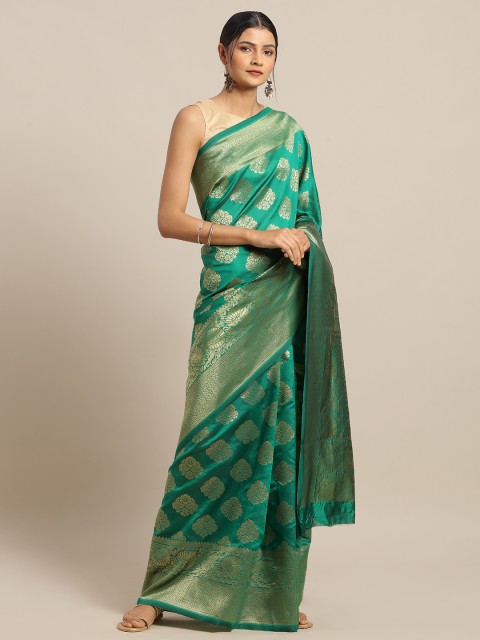 

Mitera Green & Gold-Coloured Silk Blend Woven Design Banarasi Celebrity Saree
