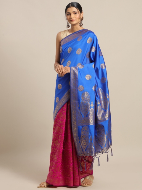 

Mitera Blue & Pink Silk Blend Woven Design Banarasi Half & Half Celebrity Saree