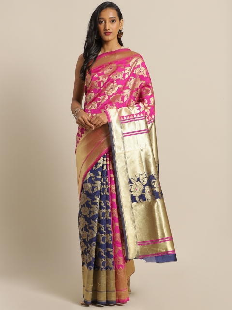 

Mitera Navy Blue & Pink Silk Blend Woven Design Banarasi Saree
