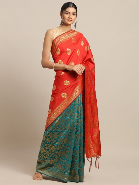 

Mitera Red & Teal Green Silk Blend Woven Design Banarasi Half & Half Celebrity Saree