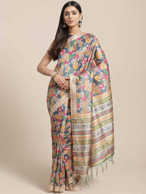 

Saree mall Beige & Navy Blue Floral Printed Handloom Bhagalpuri Saree